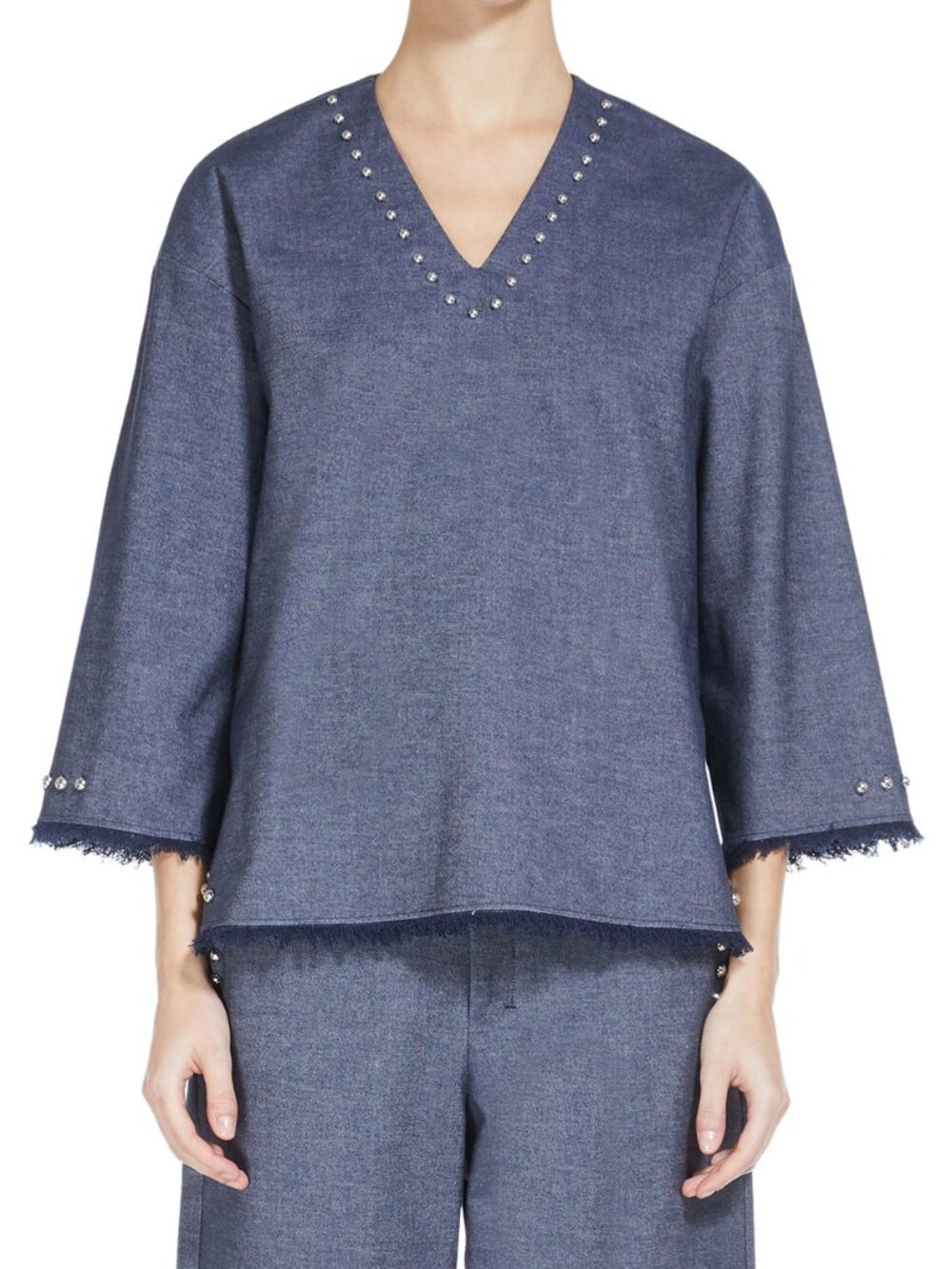 Max Mara SESTRI V-neck Blouse Top Popover Denim Studded Fringe Hem size M